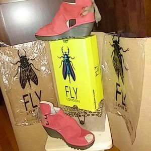 BIG DISCOUNT! Fly London suede peep-toe wedges.